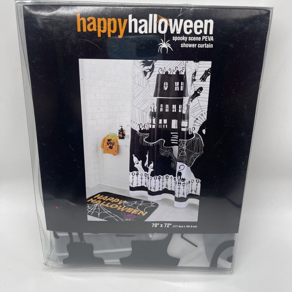 Happy Halloween Black & White Spooky Scene PEVA Shower Curtain 70”x72” New